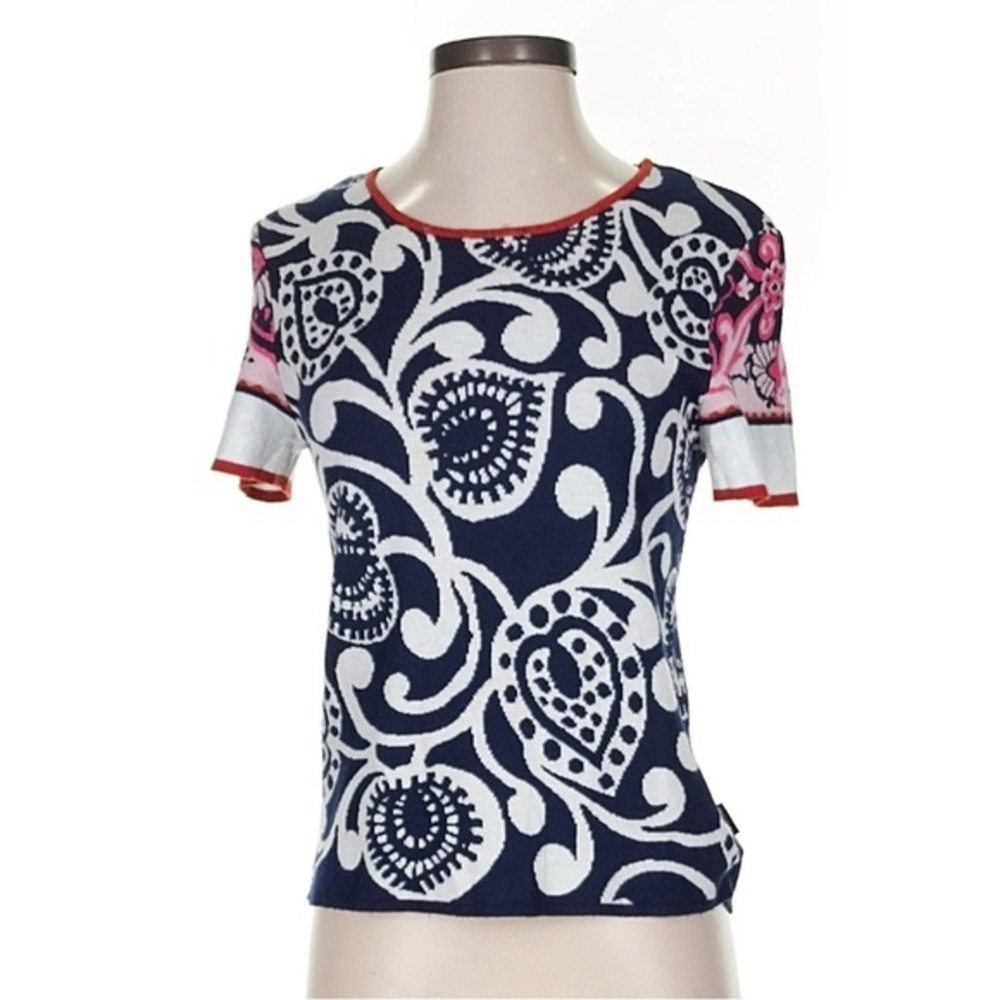 KENZO Paris Graphic Knit Top Women’s Large Navy Red Short Sleeve